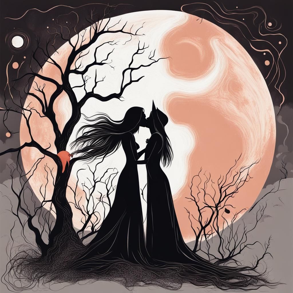 Witches' Kiss Under Full Moon in Abstract Art