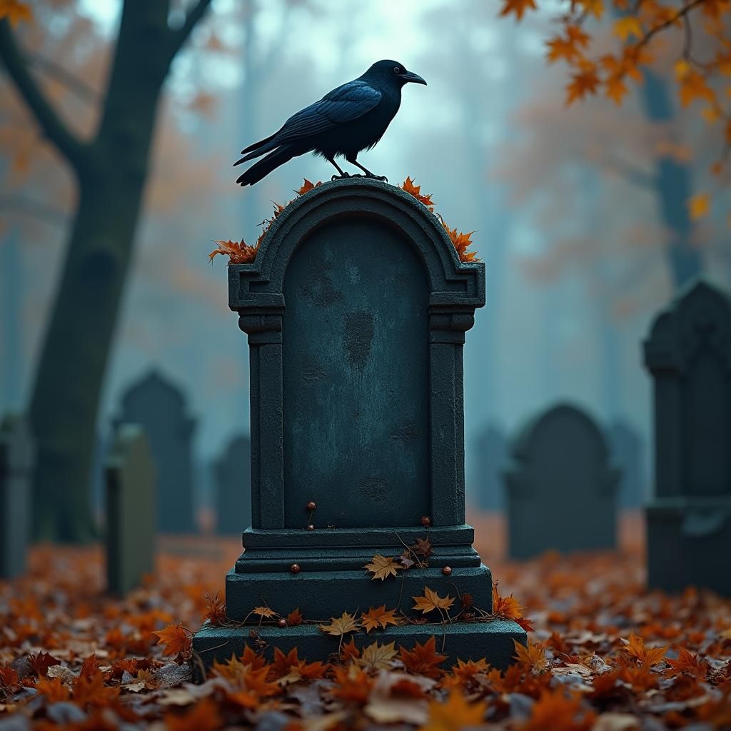 Mystical Graveyard Scene with Crow and Autumn Leaves