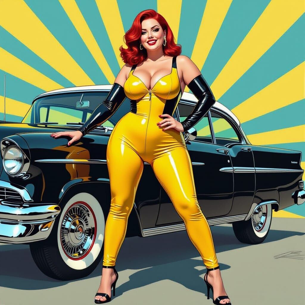 Pop Art Woman in Yellow Latex by Vintage Car