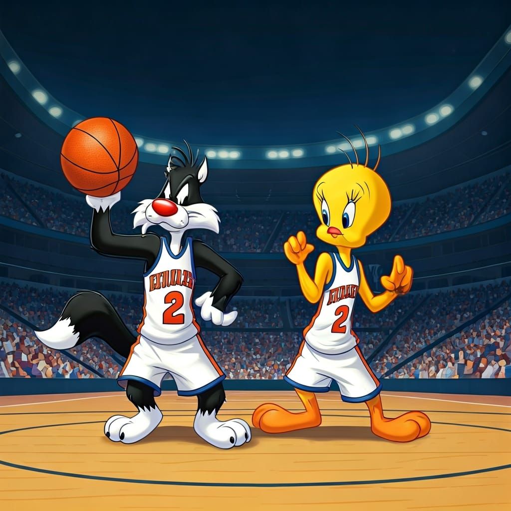 Sylvester and Tweety Pie playing basketball in opposing professional kit, background of a basketball court