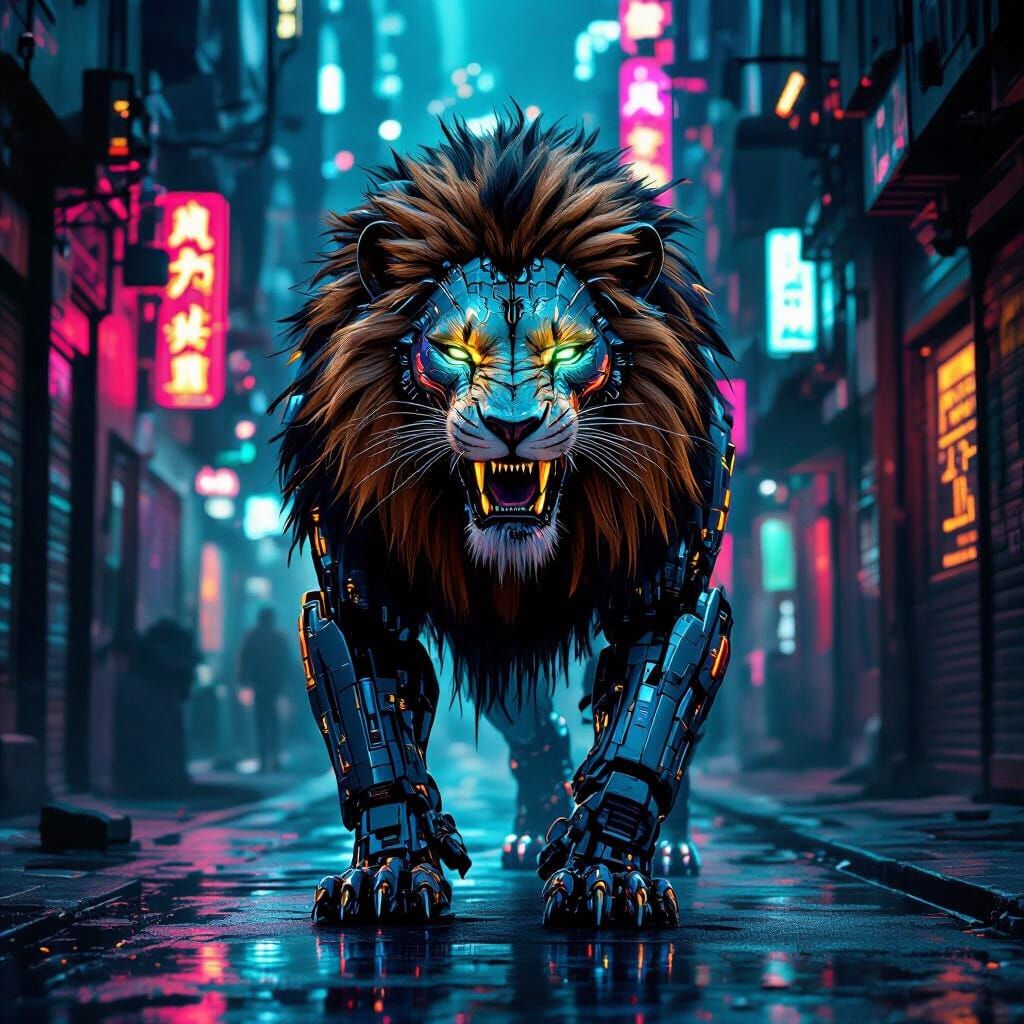Cyborg Lion in Neon Cyberpunk City Alley
