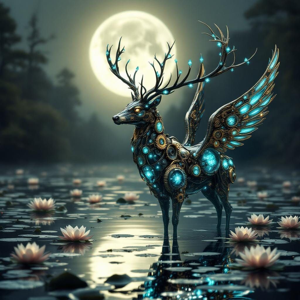 Steampunk Deer with Metal Wings in Moonlit Lake