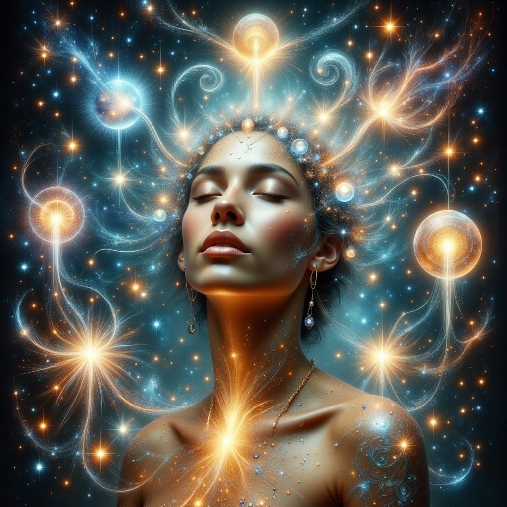 Ethereal Surrealist Scene with Woman and Seven Luminescent A...