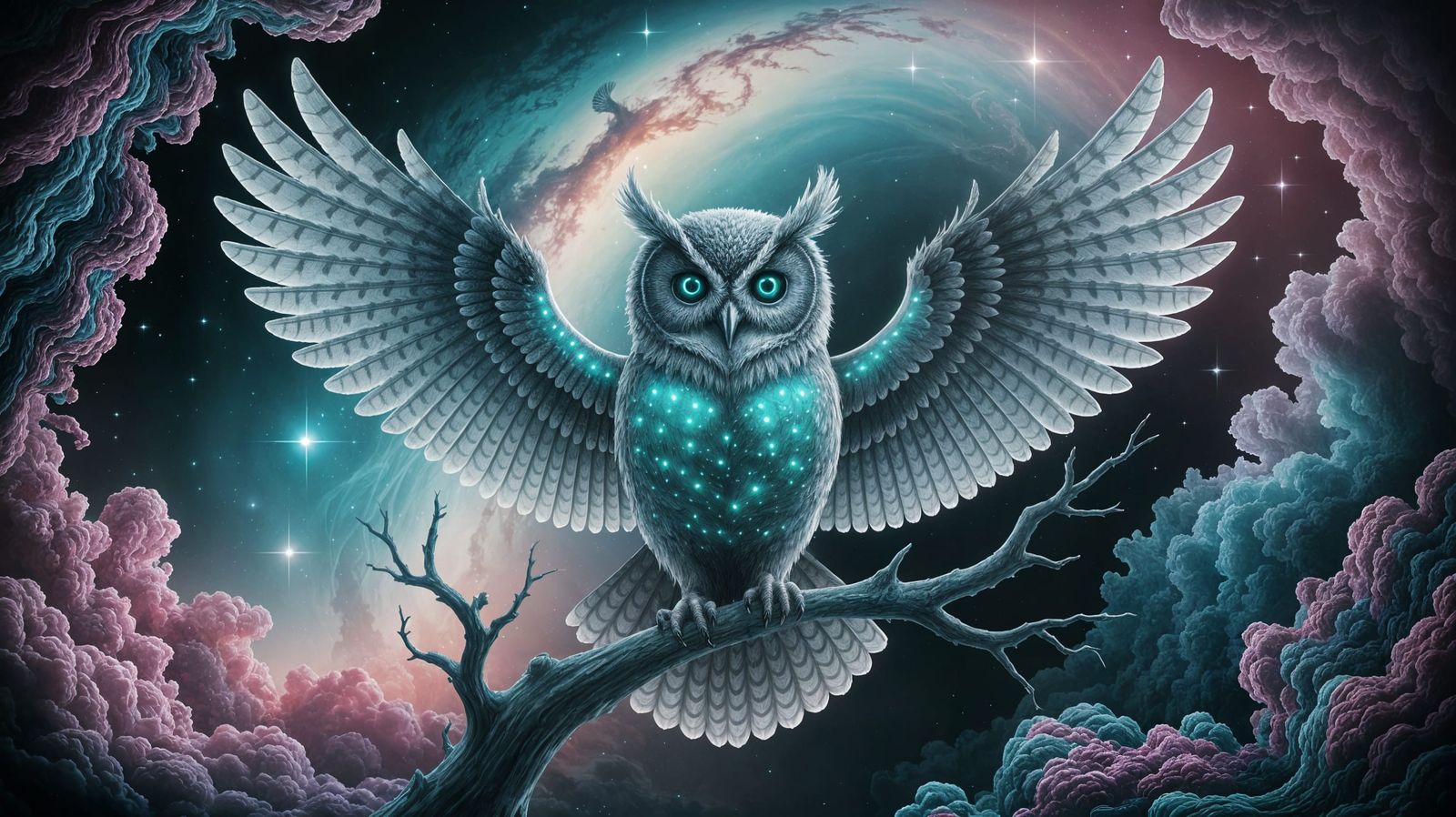 Ethereal Smoke Owl in Cosmic Nebula