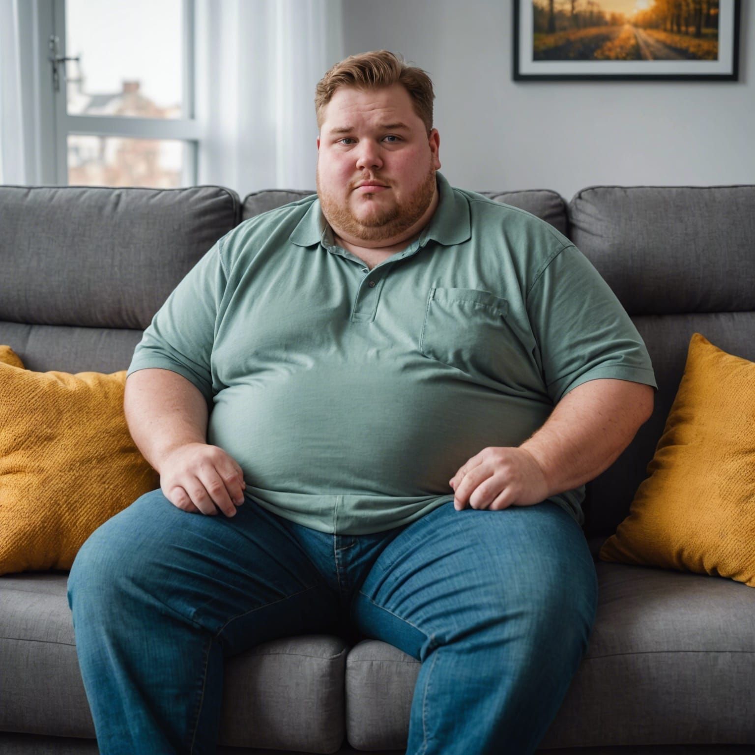 Realistic Portrait of a Cute Obese Person on Sofa