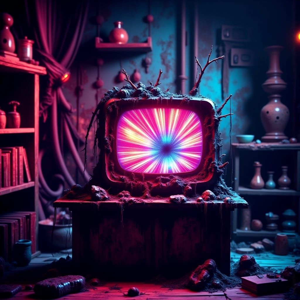 Psychedelic TV Glows in Mystical, Neon-Lit Futurism
