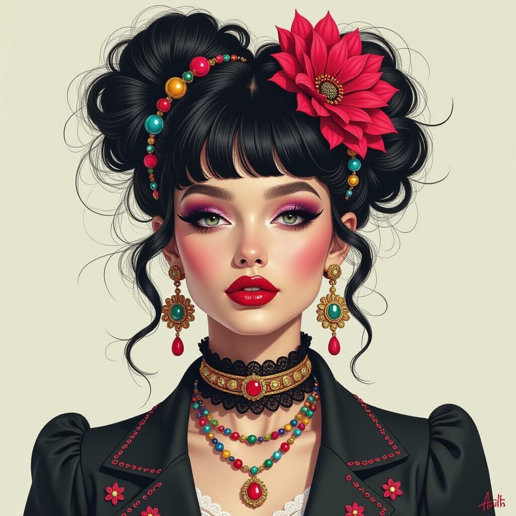 Fashionable Woman's Eccentric Hairstyle in Charcoal Drawing ...