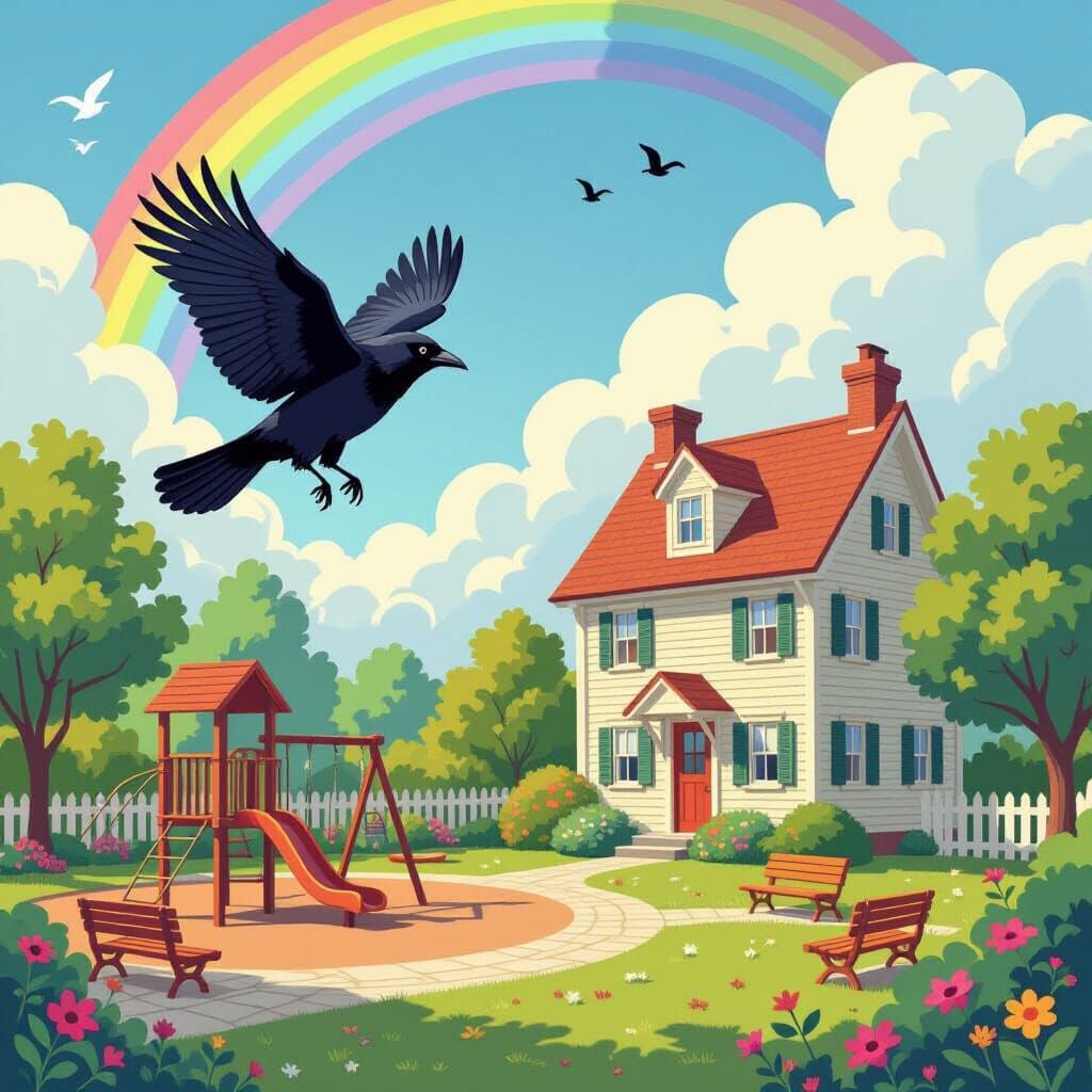 Sleek Crow Flies Through Rainbow Sky Near Storybook House