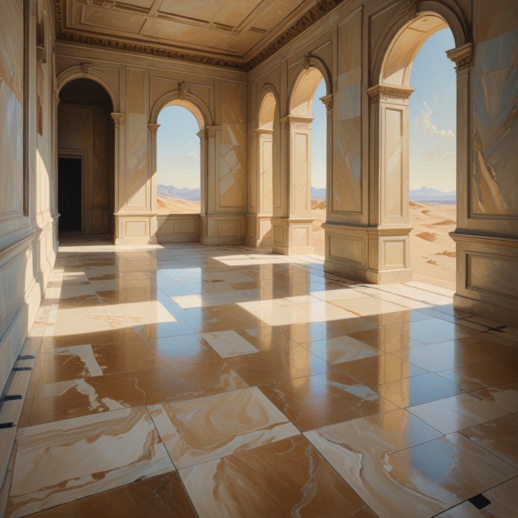 Matte Oil Painting of a Marble Hall with Sloping Geometric F...