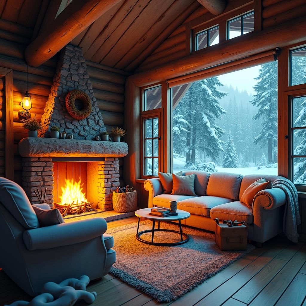 Cozy Ski Cabin Interior in Atmospheric Matte Painting Style