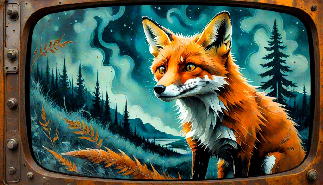 Futuristic Anxious Fox in a Digital Wilderness, Ink Wash Sty...