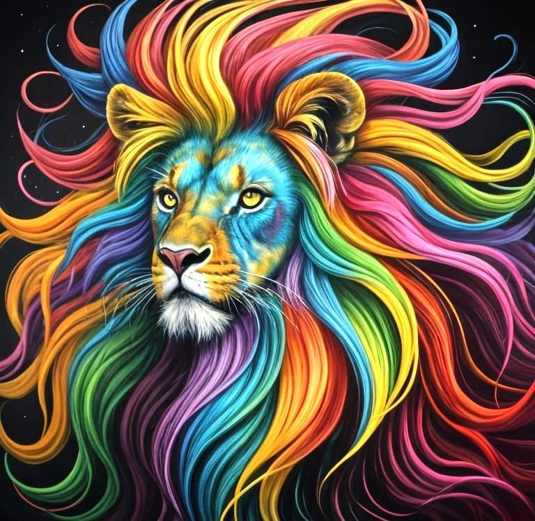 Surreal Rainbow Lion with Colorful Mane