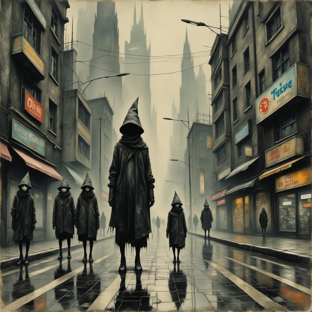 Dystopian Cityscape with Lone Skimmer in Drizzle