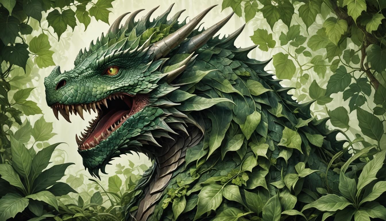 Leaf Dragon Illustration in Lush Garden Setting