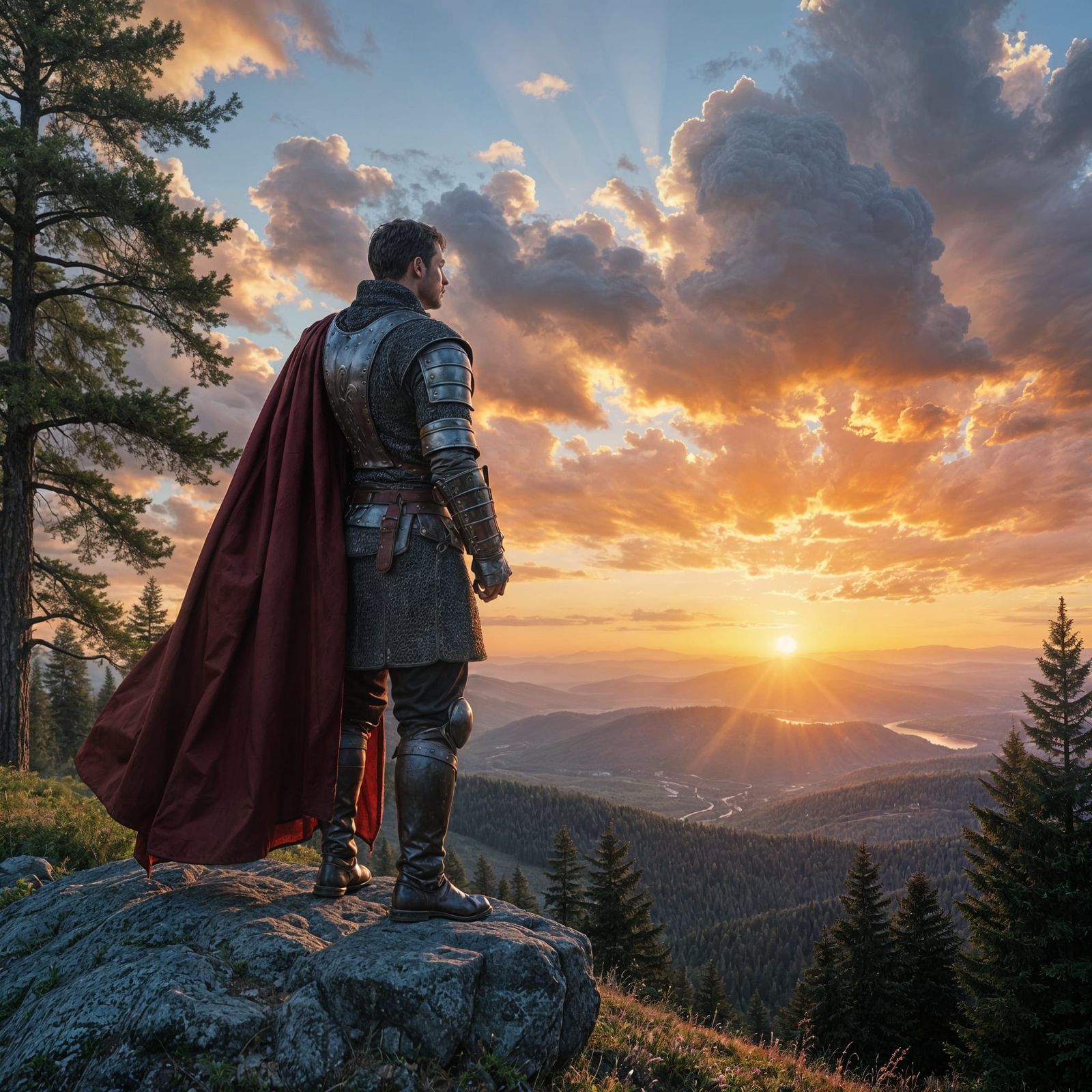 Epic Fantasy Landscape with Medieval Adventurer at Sunrise