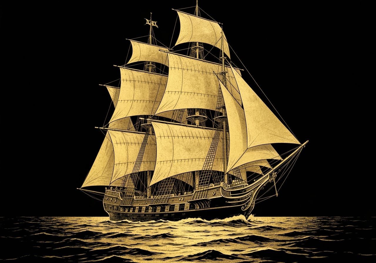 Antique Gold Sailing Ship Illustration in Fantasy Style
