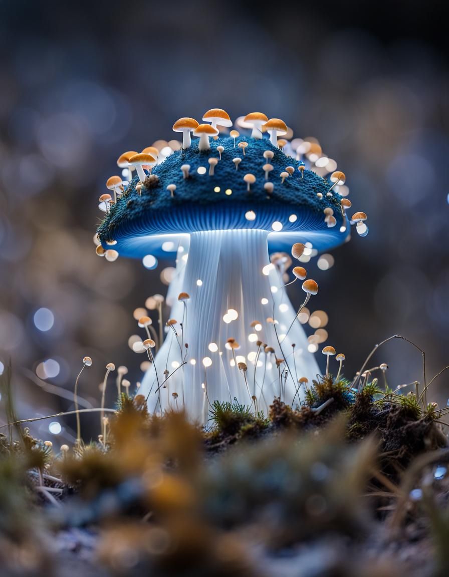 Bioluminescent Blue Mushroom in Golden Light