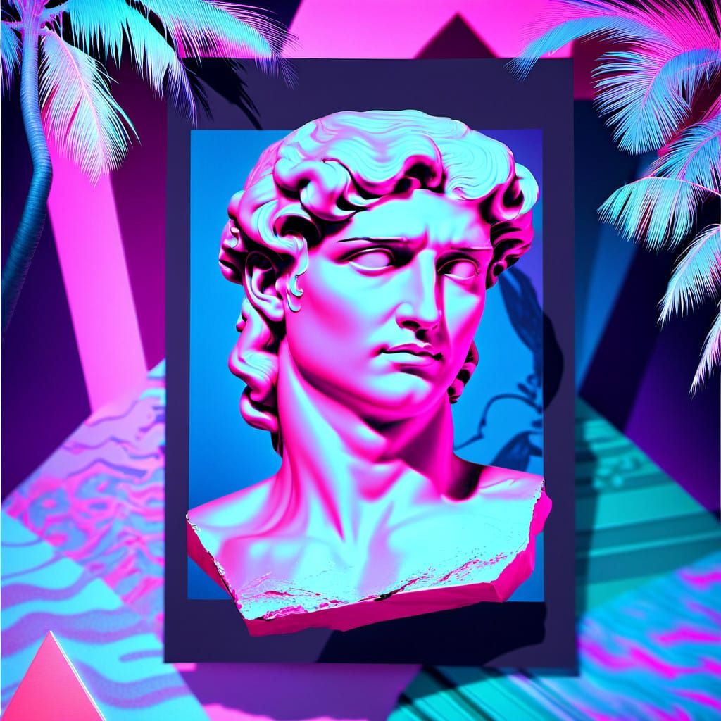 Dreamlike Polaroid of Marble Statues in Retro Shapes and Sof...
