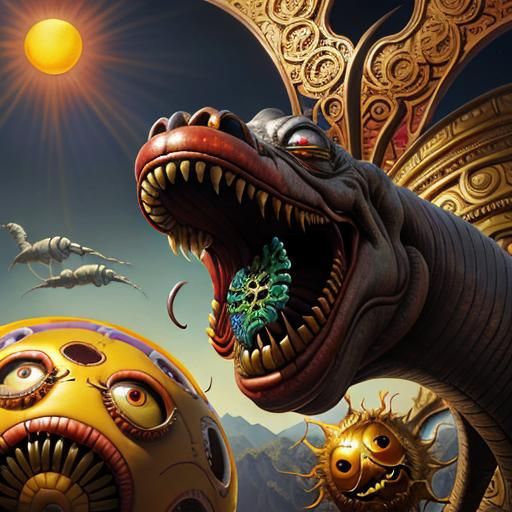 Ornate Sun Laughing with Earthworm: Surreal Hybrid