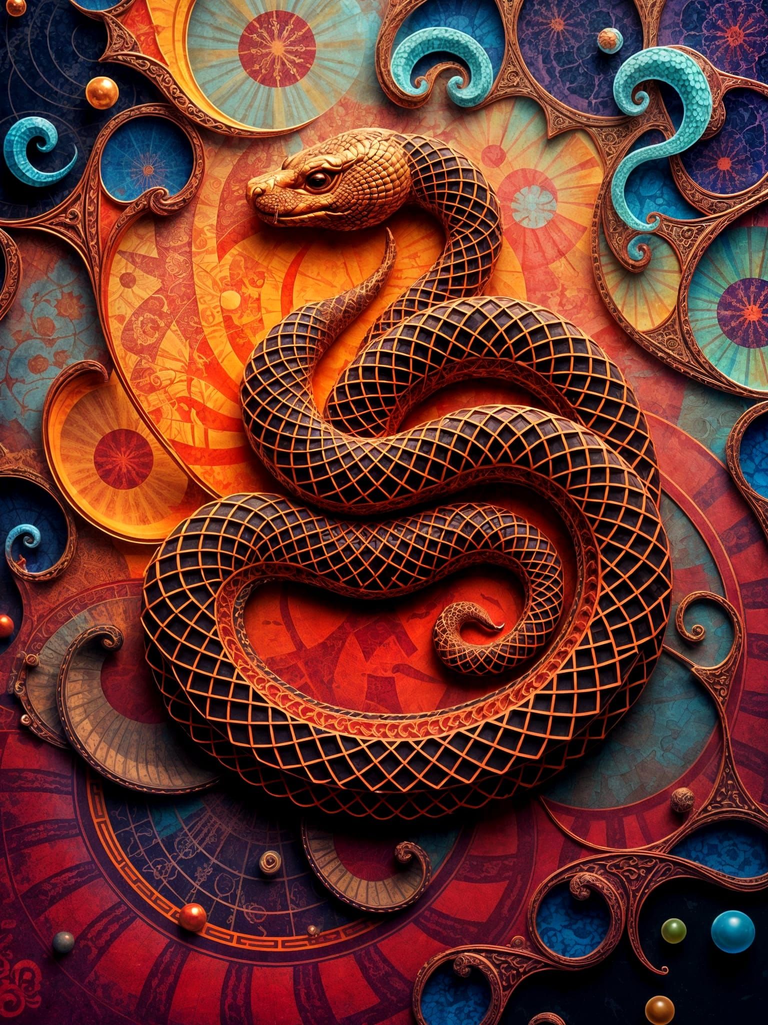 Snake Zodiac Symbol in Vibrant Fractal Waves