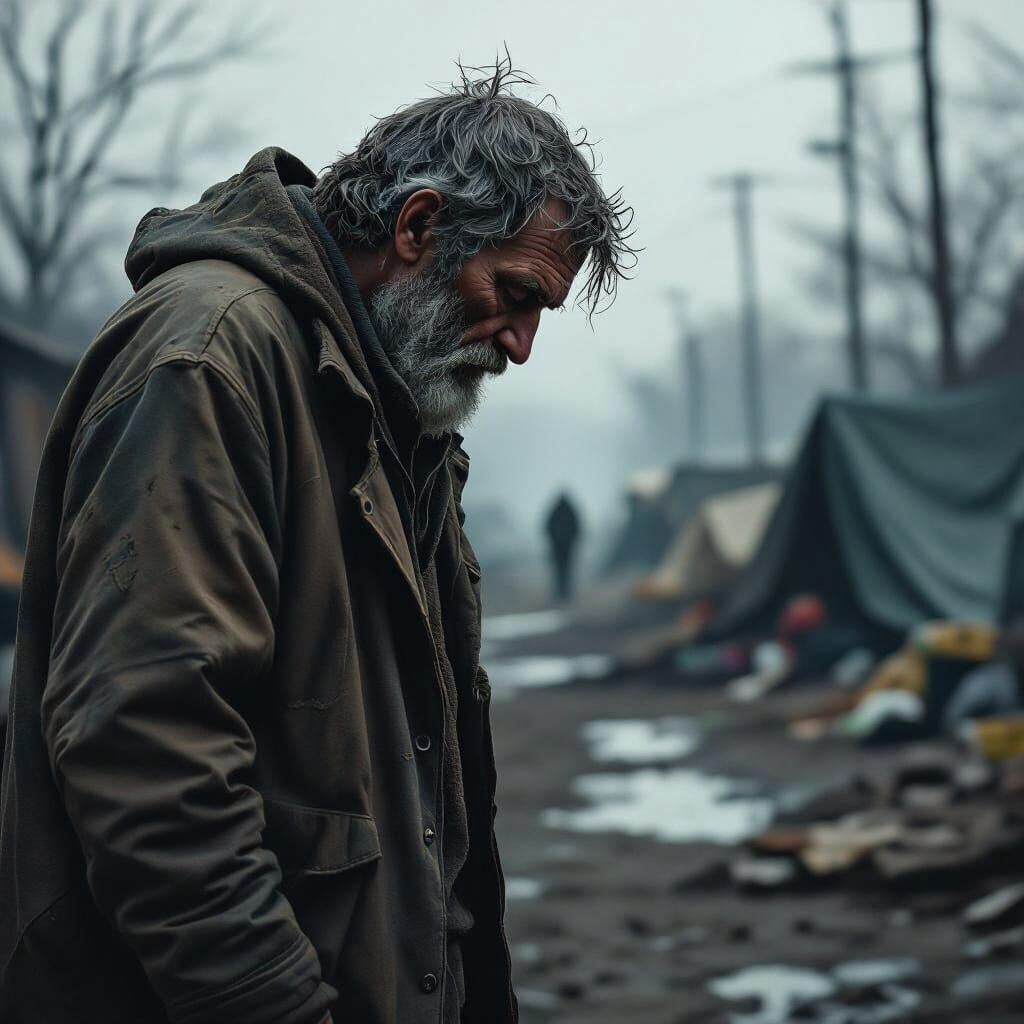 Homeless Man in Desolate Camp, Hyperrealistic Portrait