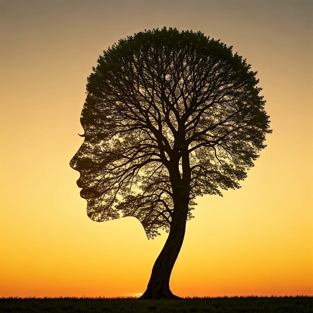 Majestic Woman's Face Emerges from Sunset Tree Silhouette