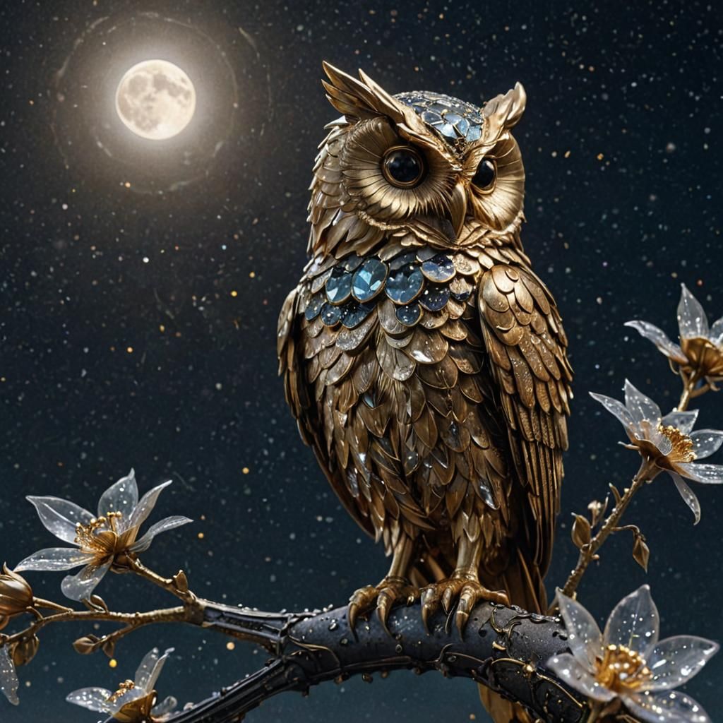 Brass Owl Perched on Crystallized Metal Flower