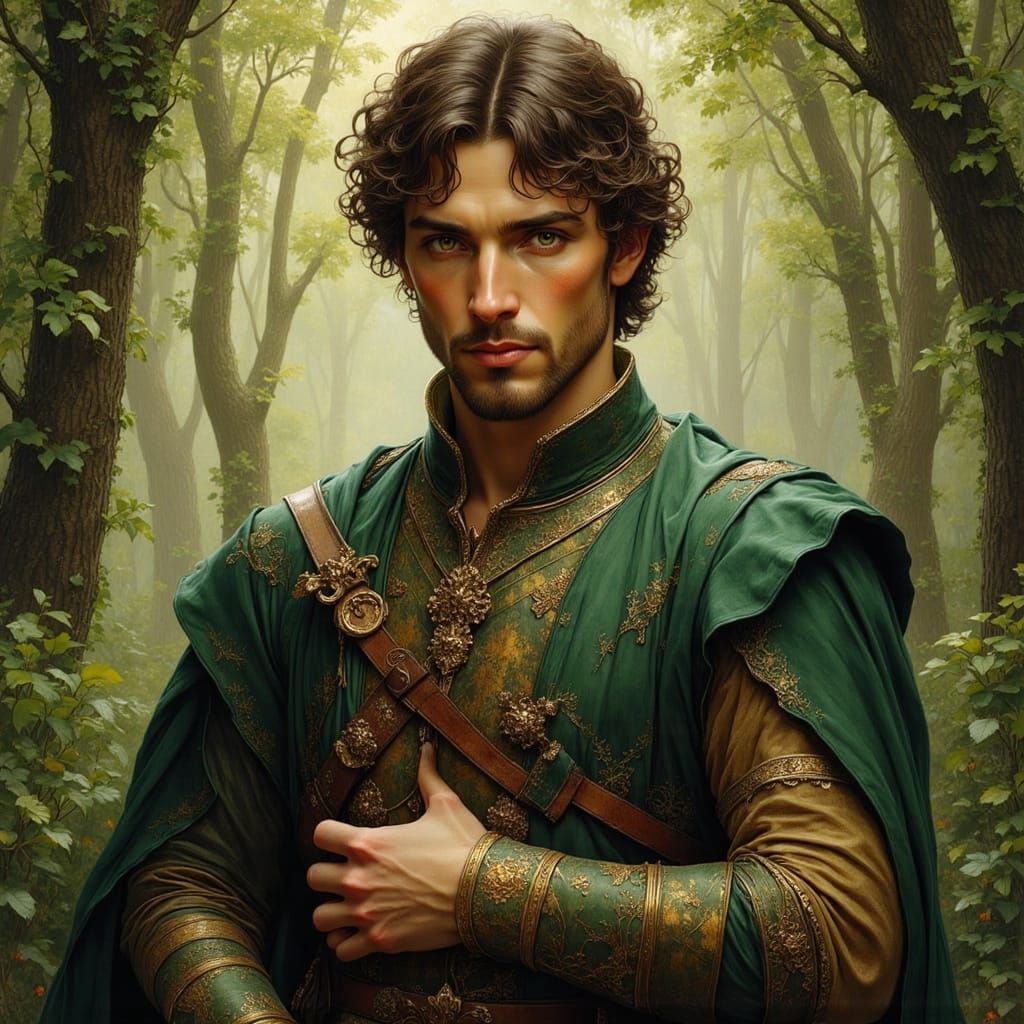 Medieval Minstrel in Forest, Art Nouveau Style