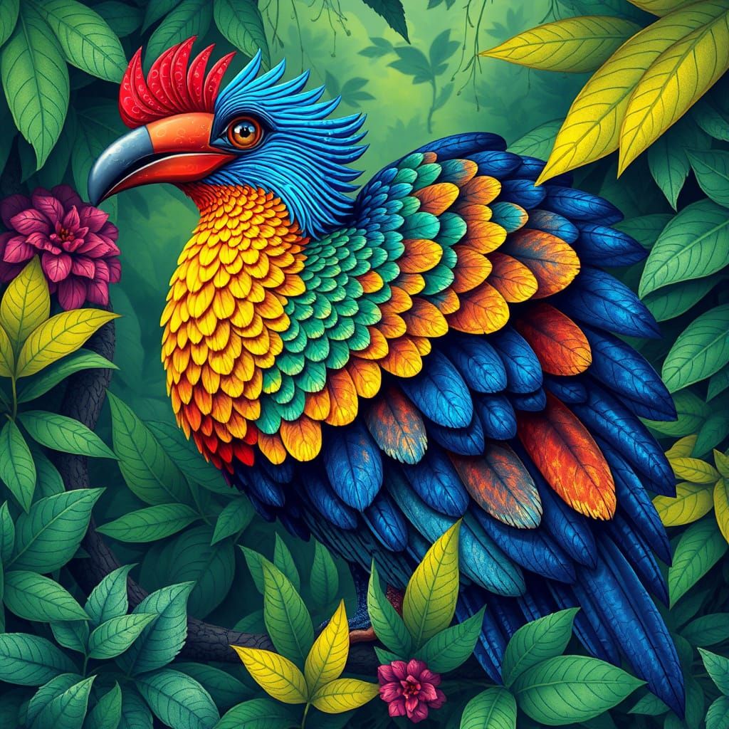 Umbrellabird with Iridescent Plumage in Maximalist Style