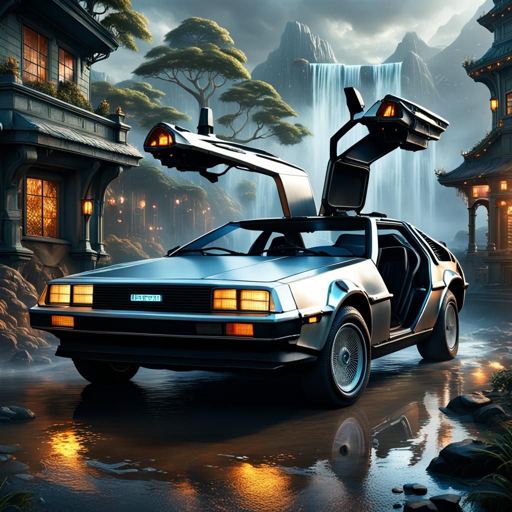 DeLorean in Detailed Matte Painting Style
