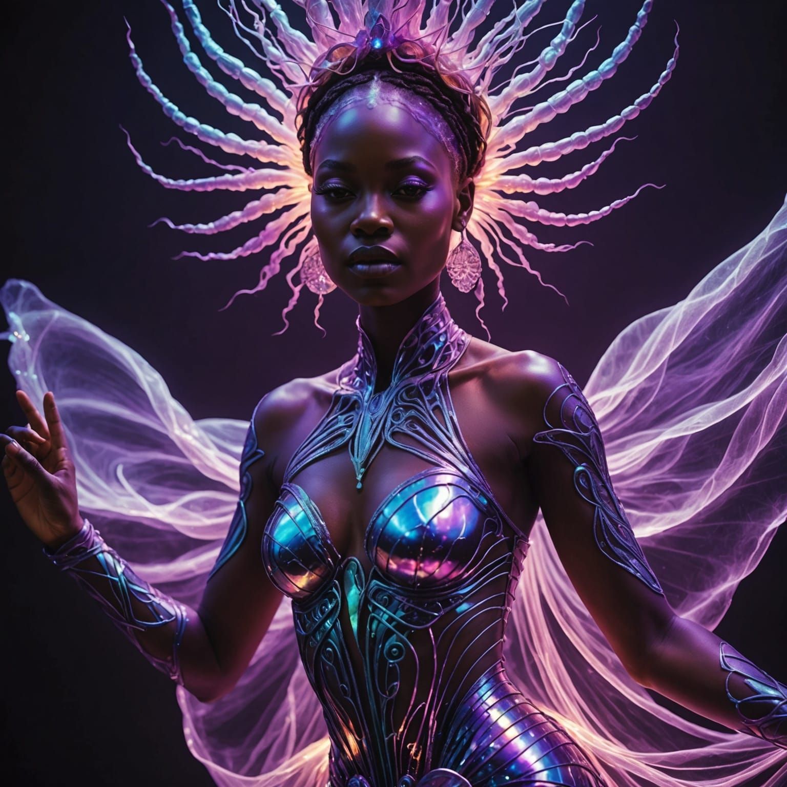 Bioluminescent Yoruba Goddess in Radiant Laser Light