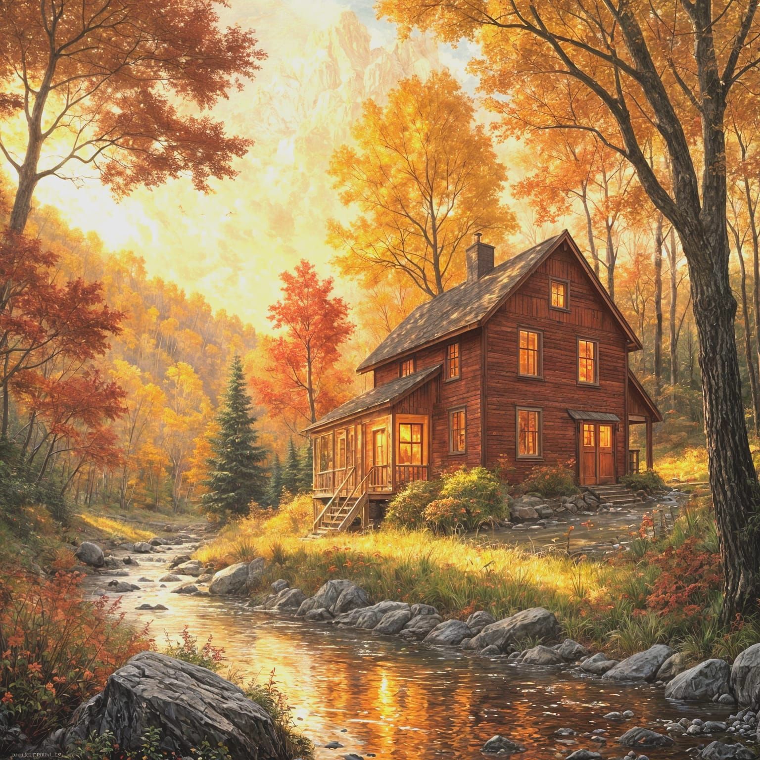 Rustic Red House in Autumn, Hudson River School Style