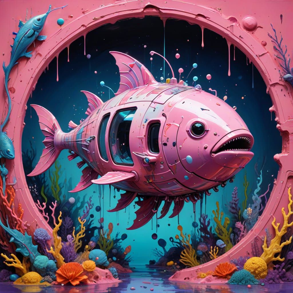 Pink Retro-Future Submarine in Graffiti Art Style