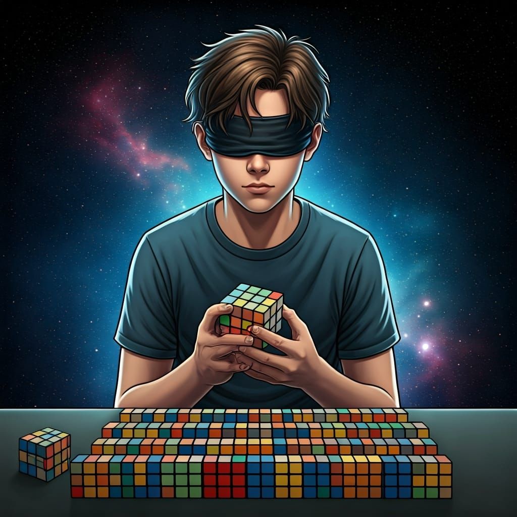 Teenager Solving Rubik's Cube in Cosmic Nebula