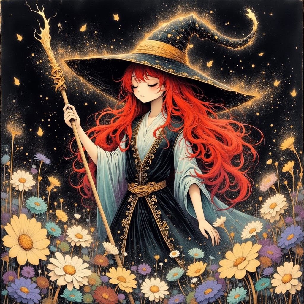 80s Anime Magic Caster Girl with Staff