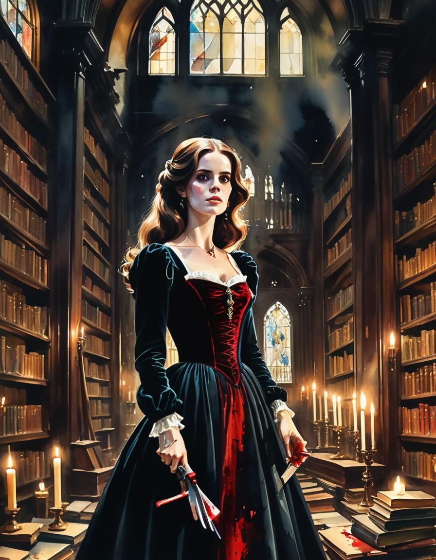 Victorian Woman with Razor in Dark Academia Watercolor