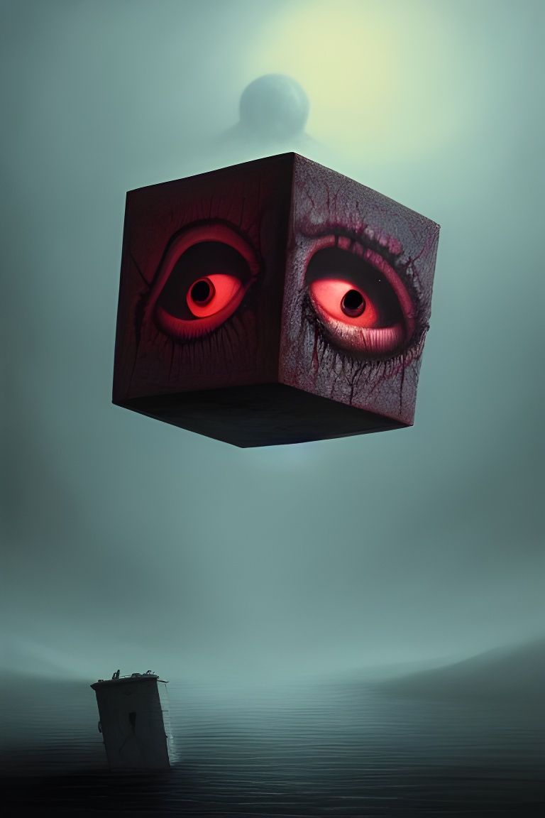 Bloody Floating Cube with Creepy Smile: Surreal Horror