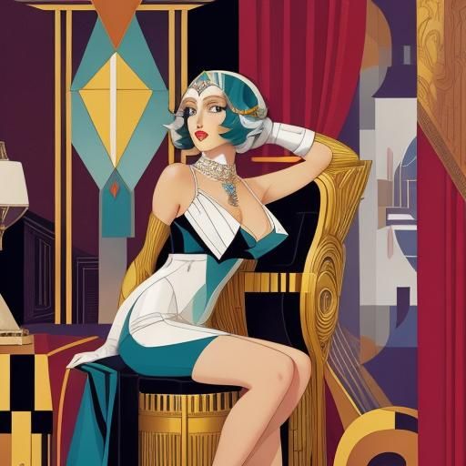 Art Deco Lady in Bedroom, Abstract Cubism Style