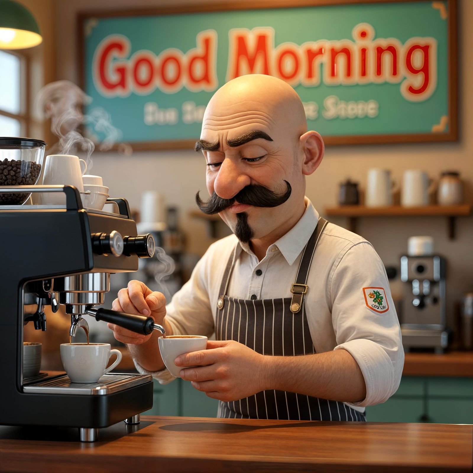 Grumpy Barista Makes Coffee in Pixar CGI Style
