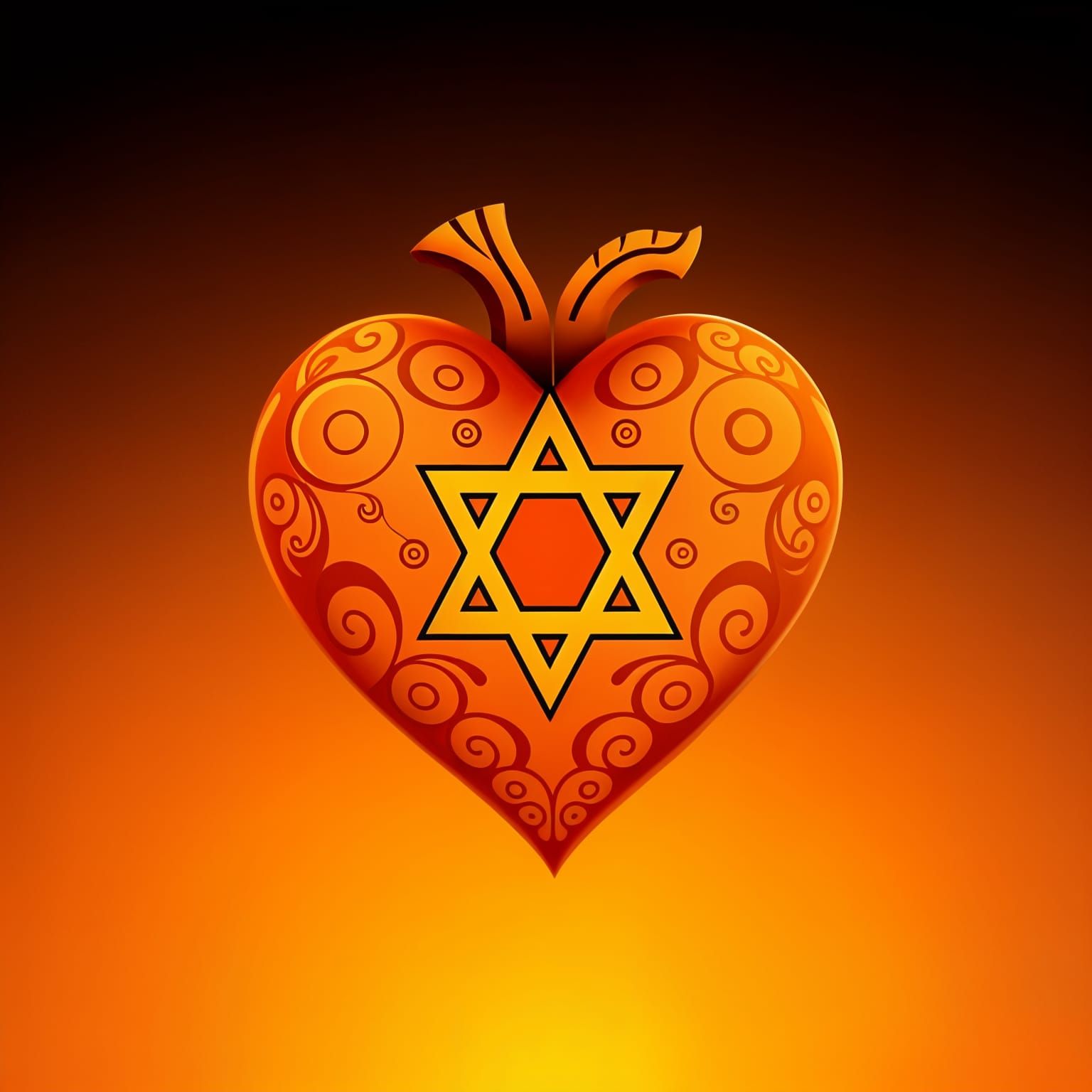 Vibrant Orange Heart with Golden Star of David in Traditiona...