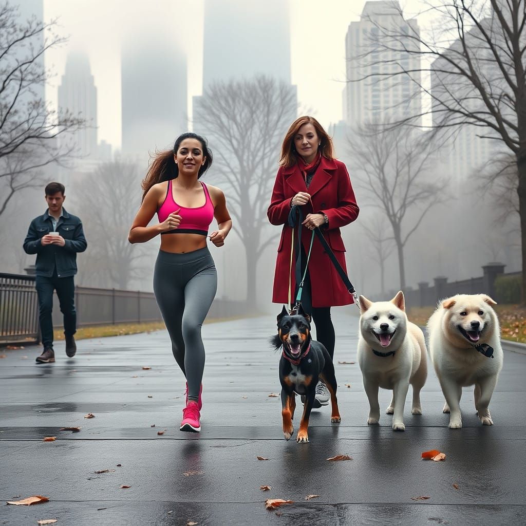 Misty Morning in New York City Park with Diverse City Life