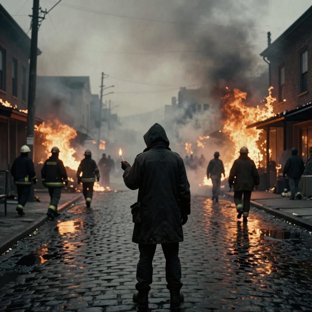 Figure with Match in Burning City