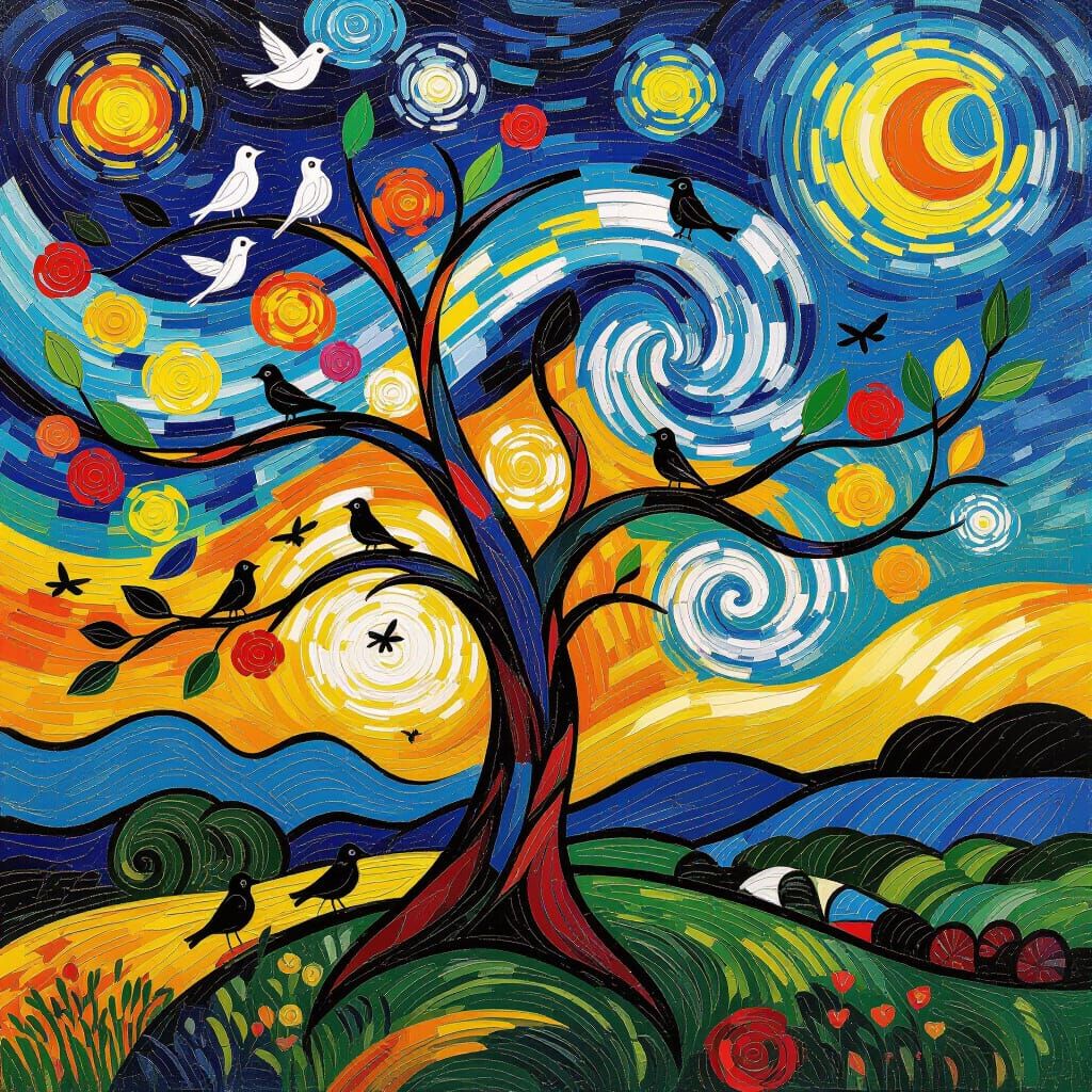 Neo-Impressionist Tree with Birds and Insects Oil Painting