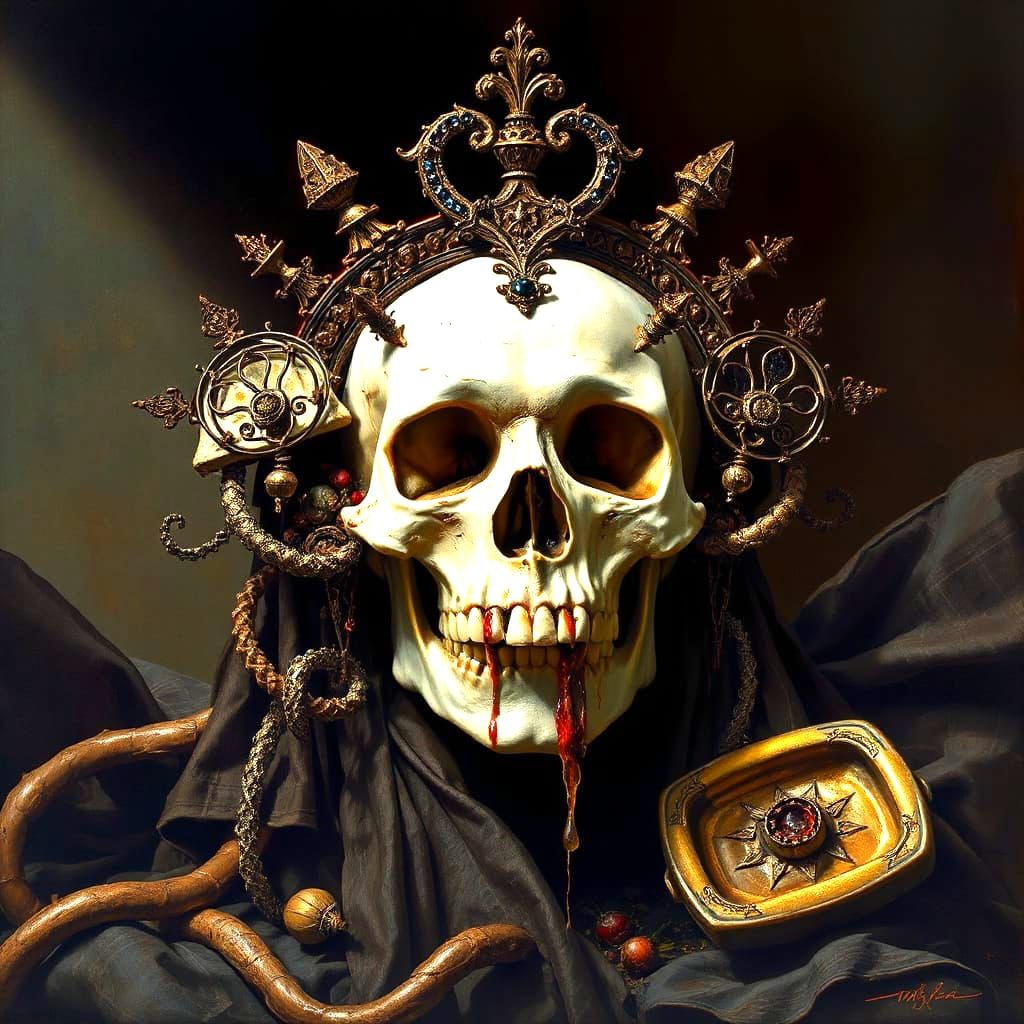 A luxurious, ornate human skull with intricate gothic embell...
