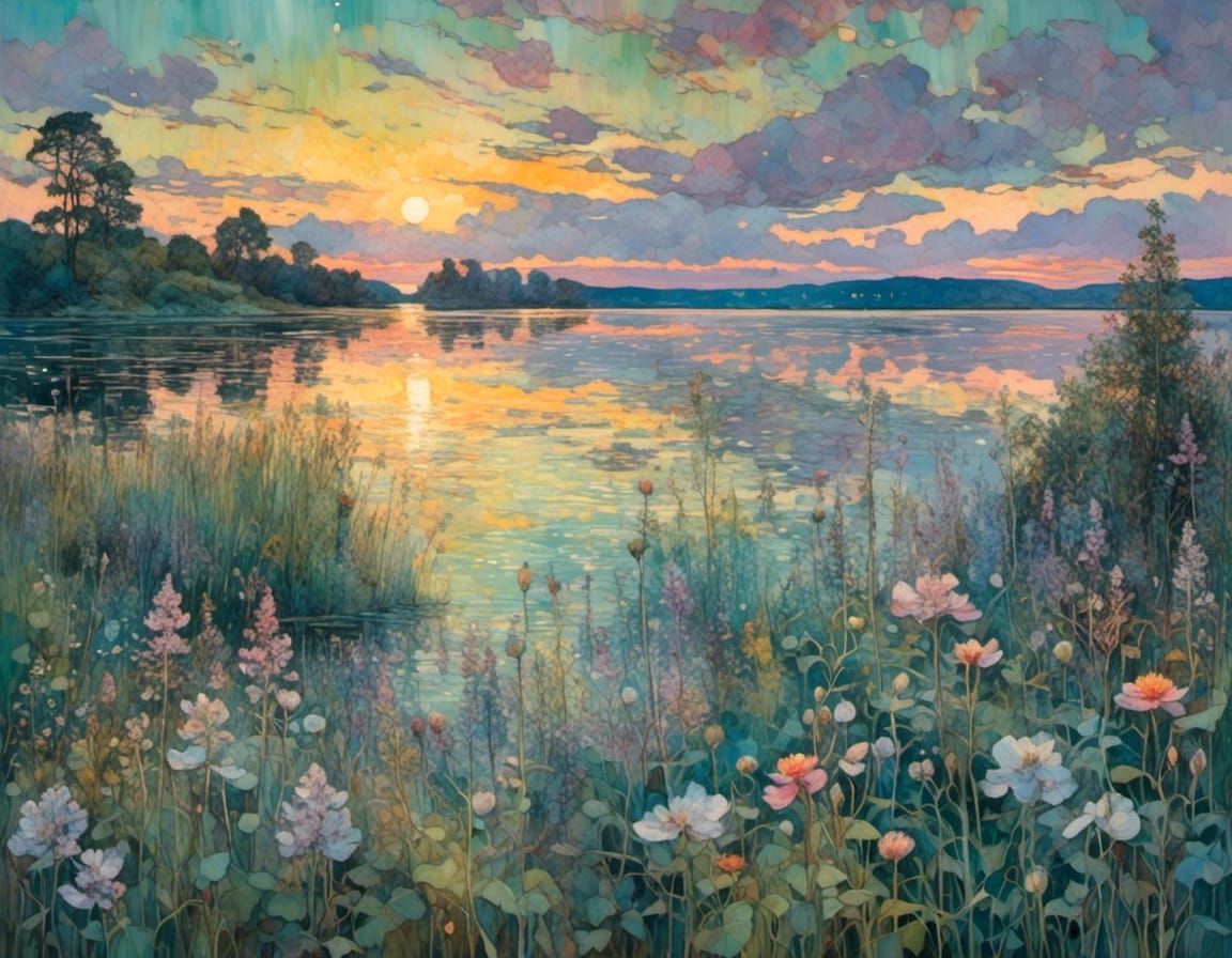 Swedish Lake Scene in Intricate Watercolor Style