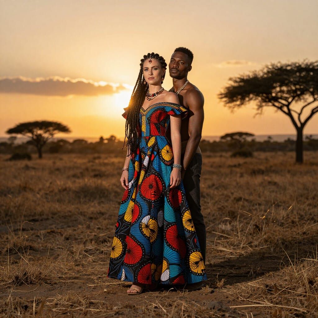 Elegant Couple in African Queen Dress at Sunset