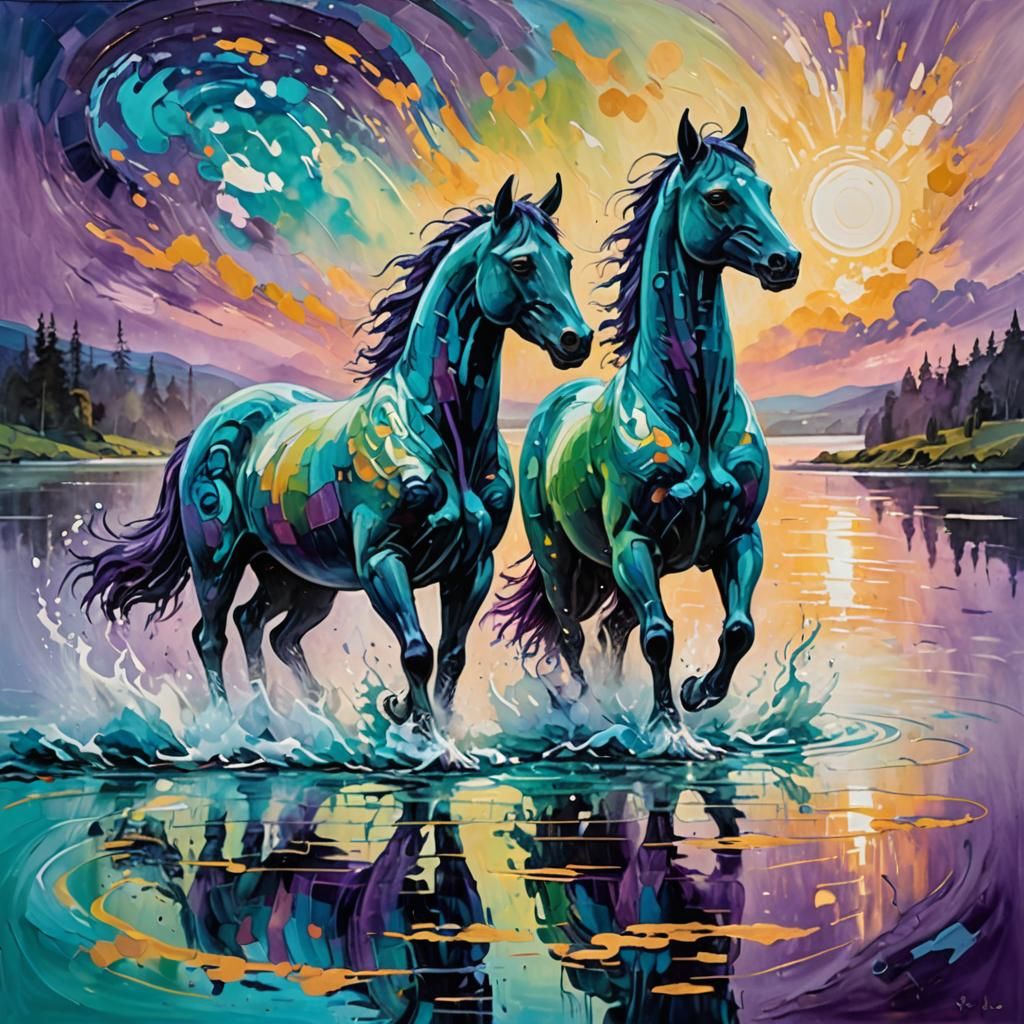 Dreamlike Kelpies in Expressionist Abstract Style