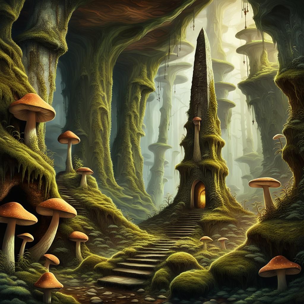 Mystical Mushroom Forest in Golden Light