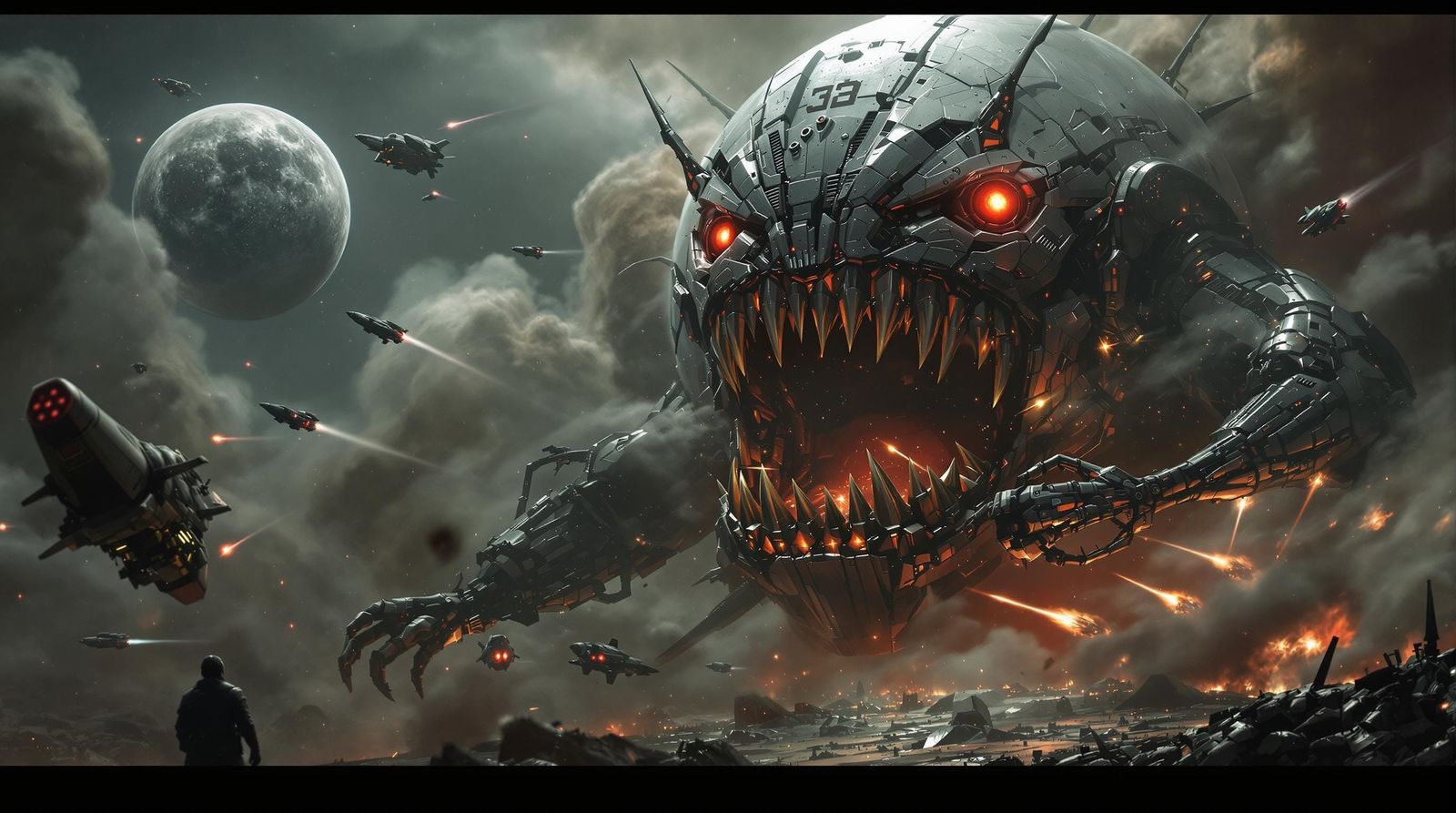 Cyborg Planet Devouring Moon in Cyberpunk Style