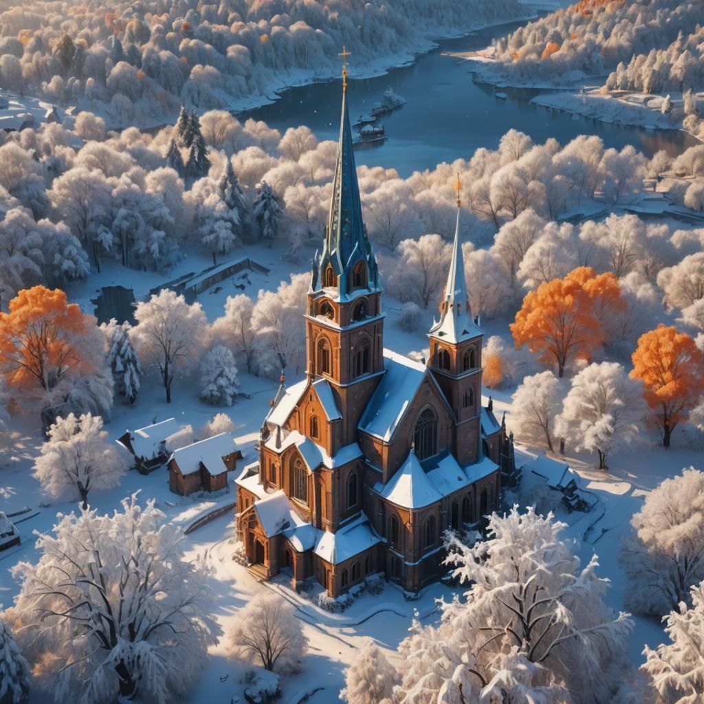 Snowy Countryside Church Bells in Fantasy Oil Painting